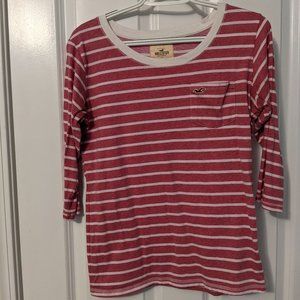 Hollister stripped top, Size M, Color pink with white stripes, 3/4 length sleeve